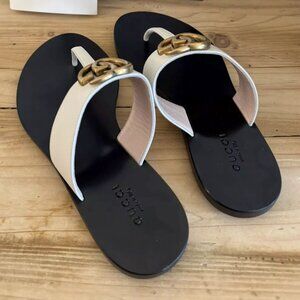 NEW Gucci Marmont GG Leather T Strap Thong Flat Sandals Shoes Cream Size 39